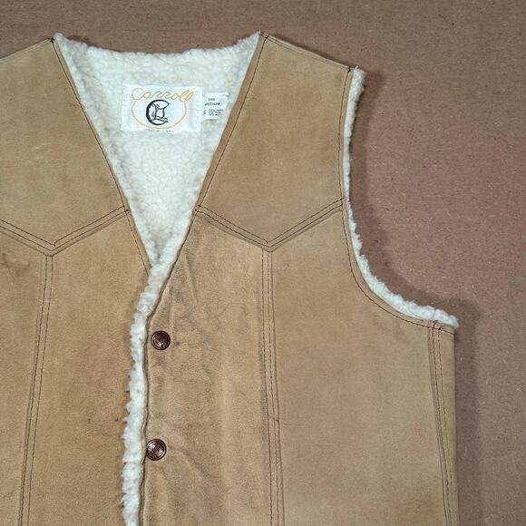 Vintage 70s Carroll USA Suede Leather Sherpa Vest Western Ranchwear Medium - Picture 3 of 8